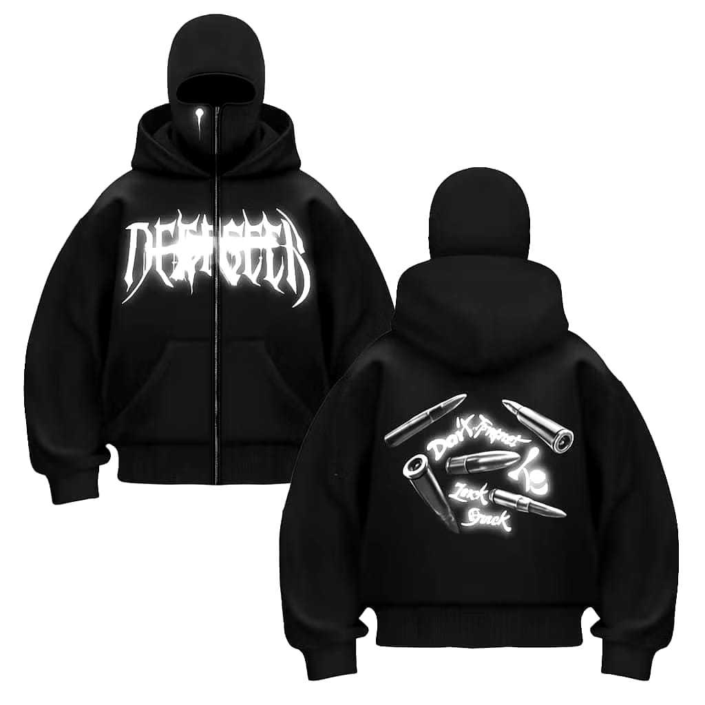 Hoodie Balaclava Zipper Reflektif Sablon Nyala Frenemy Jaket Boxy Hitam Pria Wanita