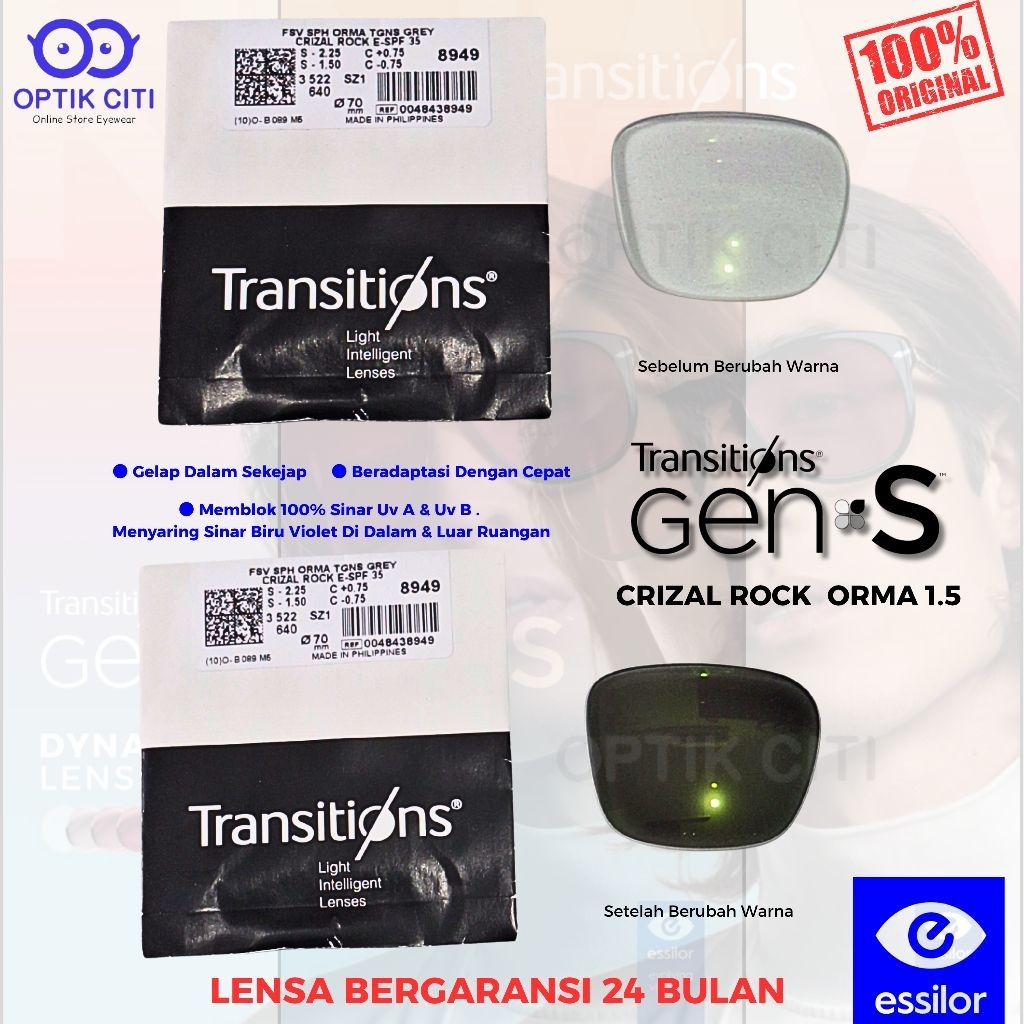 Lensa Photocromic Crizal Essilor Transition Gen S Grey Orma 1.5 Crizal Rock Original