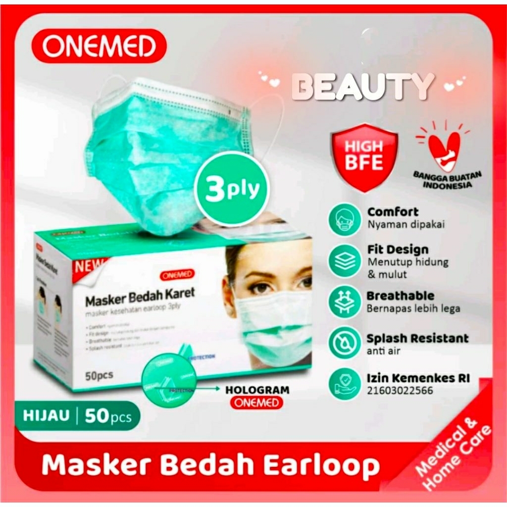 MASKER ONEMED EARLOOP 3 PLY BFE 99% 50s