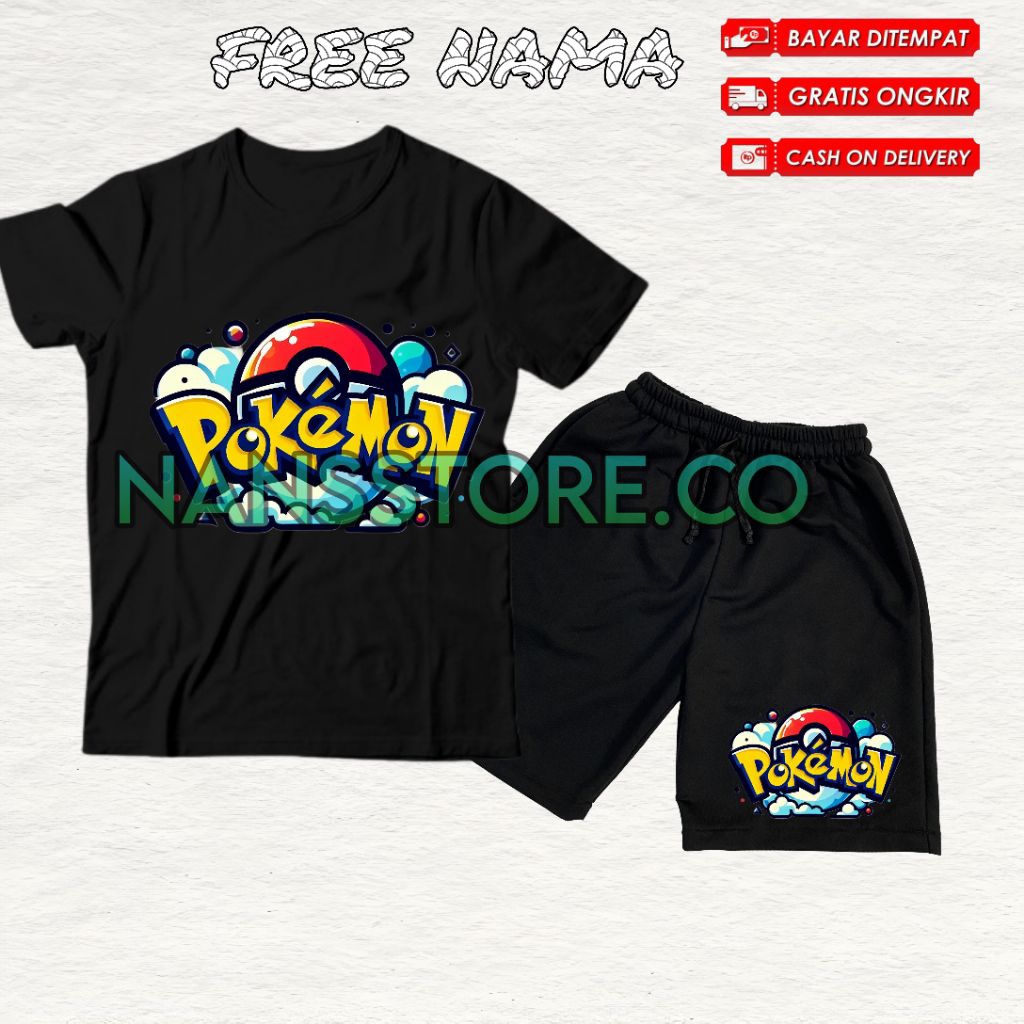 Setelan Kaos Anak Motif Pokemon Go/ Baju Anak Celana Pendek Anak viral tiktok/ Setelan Kaos Dan Cela