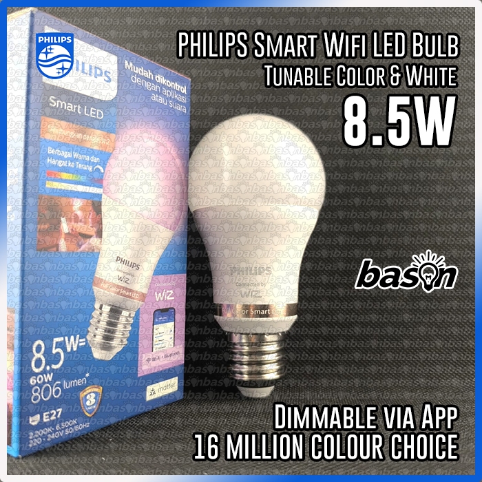 PHILIPS Smart WiFi LED 8.5W RGB & Tunable E27 A60 CRI90 ~ WiZ Connected Full Colour