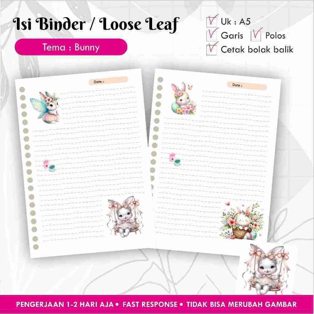 

[10 pcs] Isi Binder / Loose leaf gambar A5 Tema BUNNY / Refill Map Binder / Garis Polos