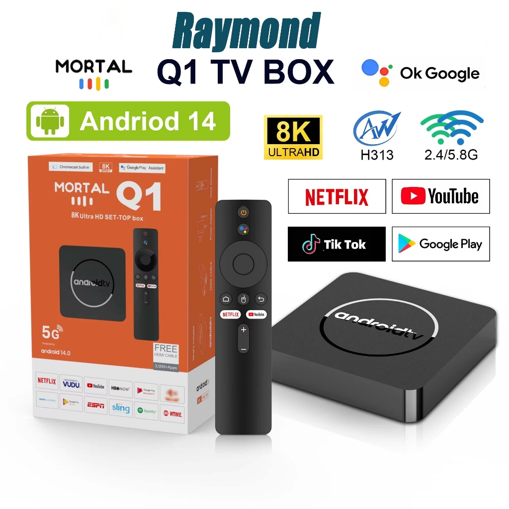 Android TV Box Q1 Android 14.0 OS Set Top Box Stb Android Tv Ram 4GB Rom 64GB Wifi 5G/2.4G Full HD 8