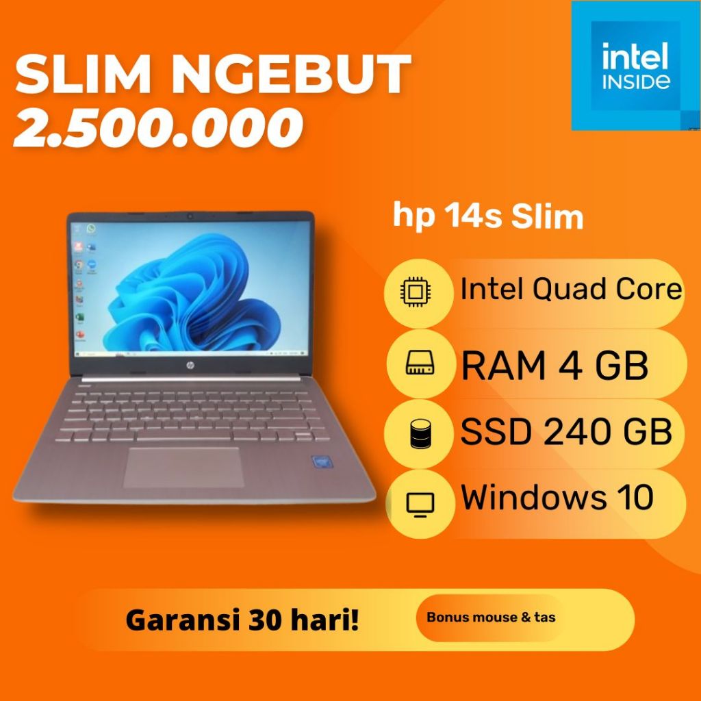 Laptop hp 14s-dq0508TU Silver Slim Intel Celeron N4120 RAM 4GB SSD 256GB Windows 10 Type C Tipis Sec
