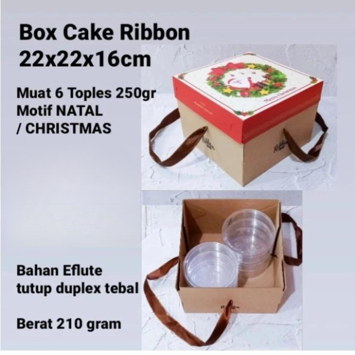 

box cake ribbon natal muat 6 toples 250gr dus hampers xmas ukuran 22x22x16cm