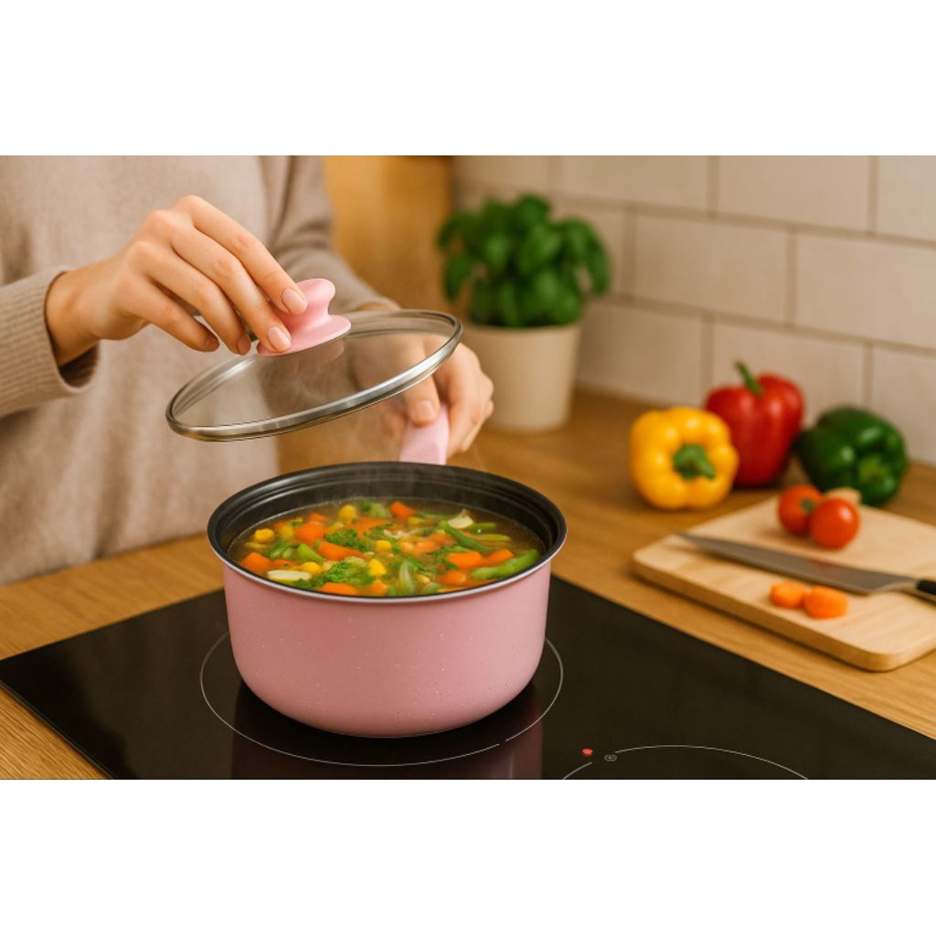 Panci sup gagang Panci enamel Panci susu tutup kaca Anti lengket