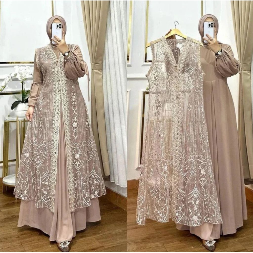 FREE ONGKIR GAMIS BROKAT NAURA DRESS 2IN1 BUSUI WUDHU FRIENDLY INNER CERUTY ADEM + OUTER BROKAT