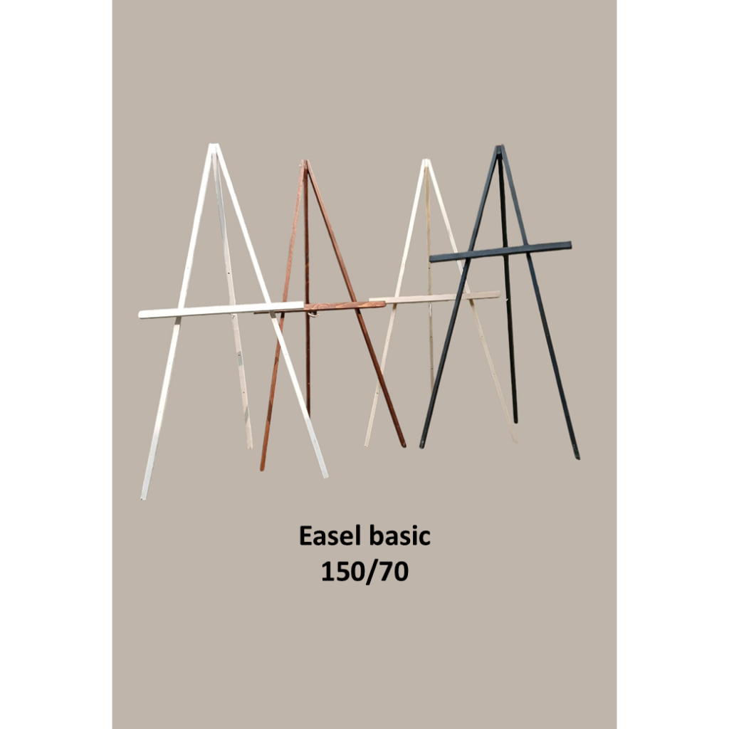 

easel 150/70, lebar ambalan 3, tinggi ambalan ke puncak 60. 80, 100 & 120 cm, objek : frame tipis/frameless