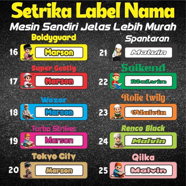 

Sticker Sablon Setrika Label Nama Karakter ( SANTRI ) Anak Sekolah Pesantren Asrama Name Tag Laundry