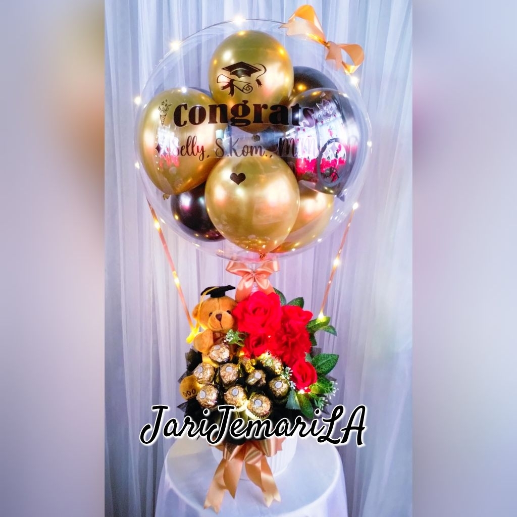 BISA KIRIM HARI INI - Buket Wisuda Medan dengan coklat Ferrero rocher dan lampu led ukuran jumbo