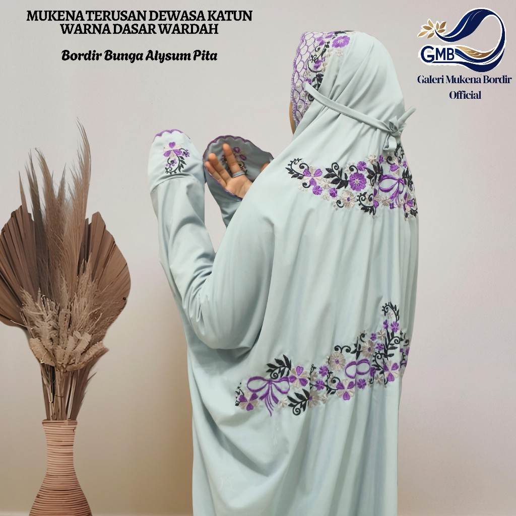 Mukena Terusan Dewasa Bahan Katun Polino Warna Biru Wardah Bordir Bunga Alysum Pita