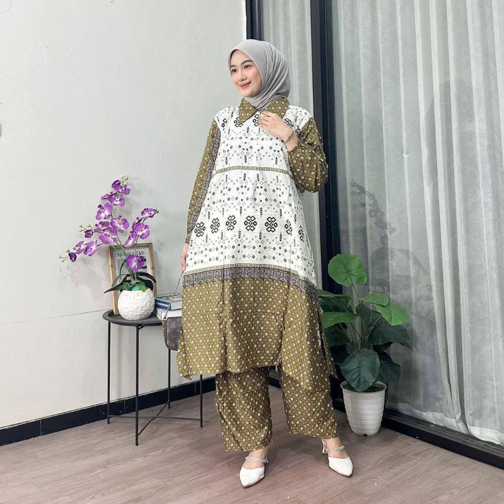 ANDINI LONG TUNIK - SETELAN TUNIK MOTIF TERBARU 2025 - SET TUNIK RAYON CRINGKLE PREMIUM