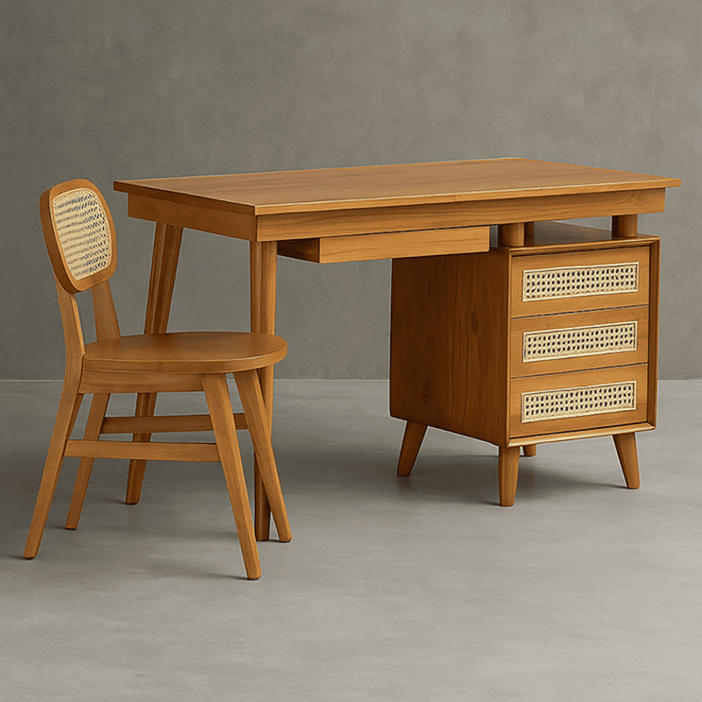 Meja Kerja Kayu Jati 100% ASLI Jepara Mix Rotan/Meja Kantor Minimalis Modern/Meja Kerja Vintage