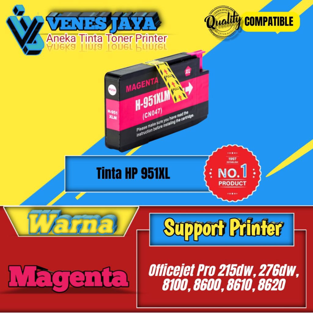 Cartridge Tinta Compatible HP 951XL 951 XL Magenta Printer Officejet Pro 215dw, 276dw, 8100, 8600