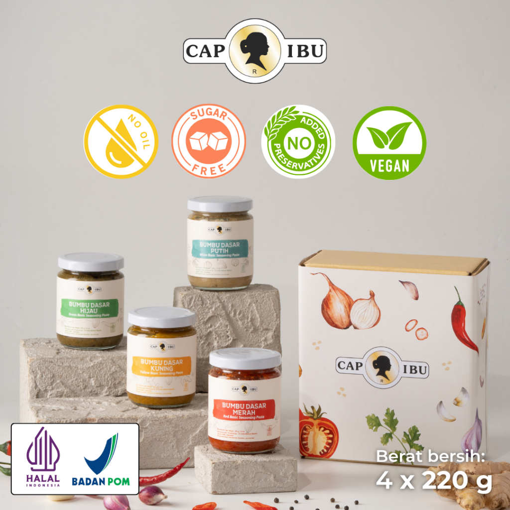 

CAP IBU Bumbu Dasar Hampers All Variant (Putih, Kuning, Hijau, Merah) isi 4 x 220gr