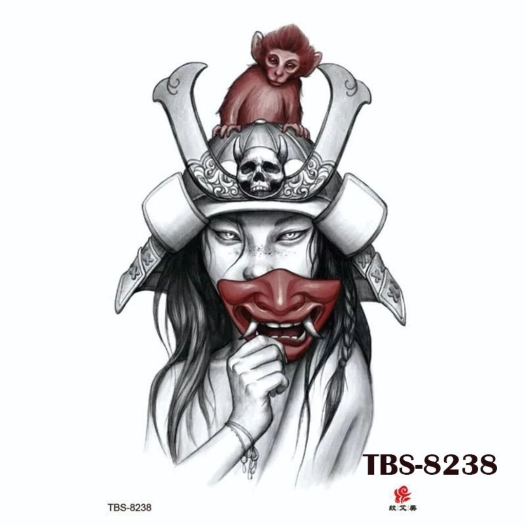Tato Temporer Tattoo Temporary Tahan Air Sementara Seri TBS 8238 Motif Topeng Samurai Jepang Kuno