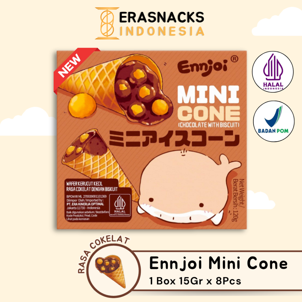 

ENNJOI MINI CONE CREAM WITH BISCUIT - WAFER KERUCUT KECIL RASA COKELAT 1 BOX 15Gr x 8Pcs