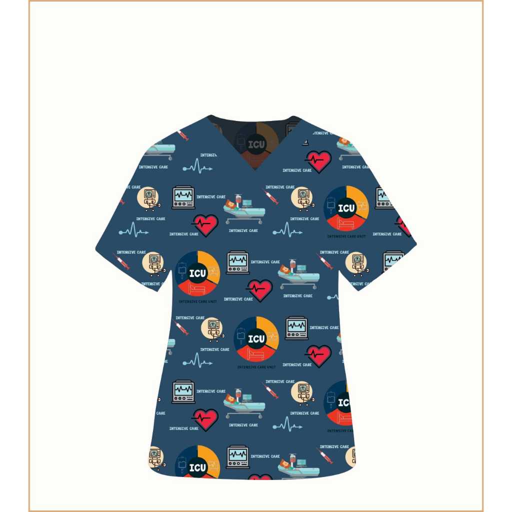 Baju Medis /Baju Dokter /Baju KoAs/ Baju Perawat / Baju Nakes printing motif ICU navy
