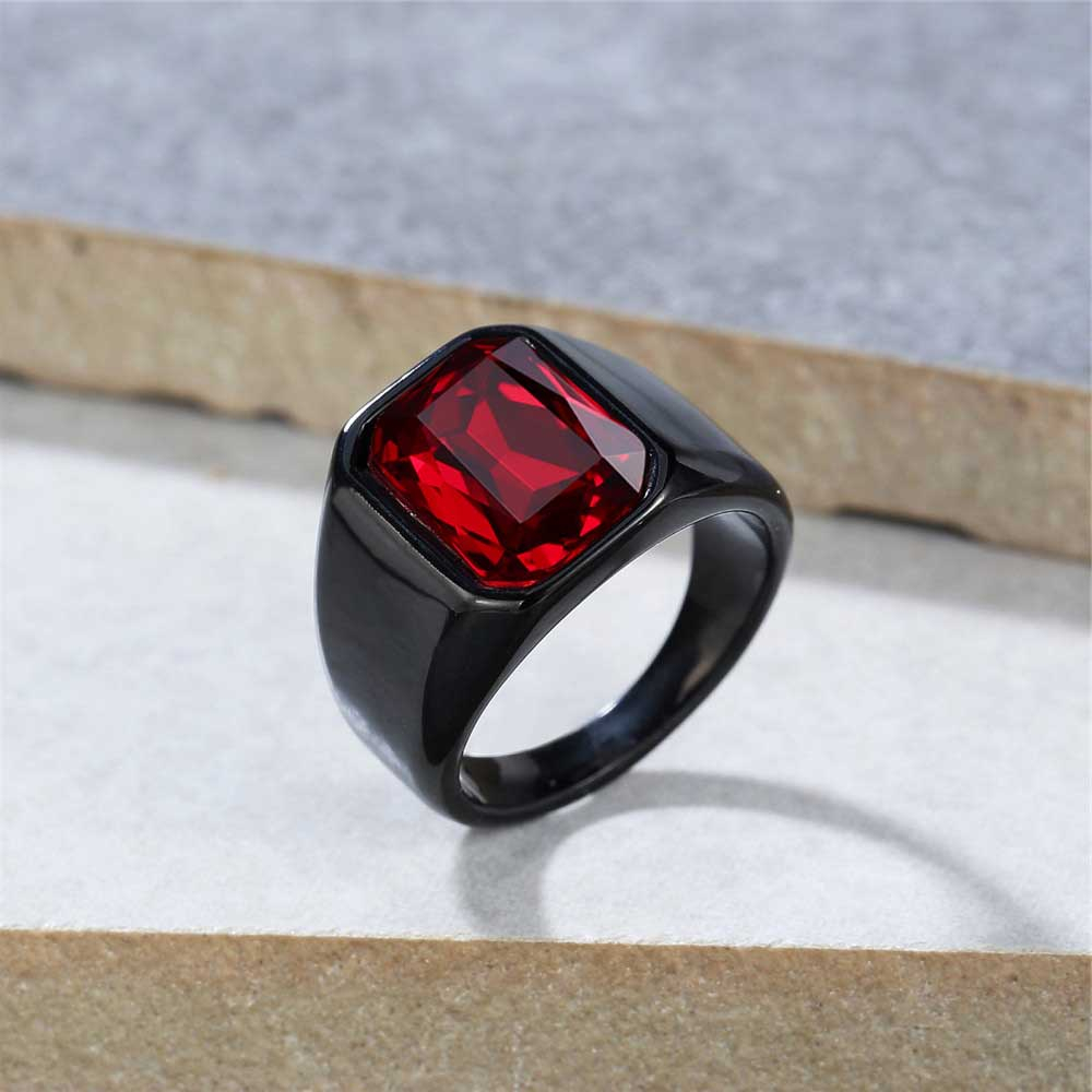 Cincin Pria Batu Ruby Kristal Titanium Baja Hitam Poles | Cincin Fashion Klasik Elegan Kekinian