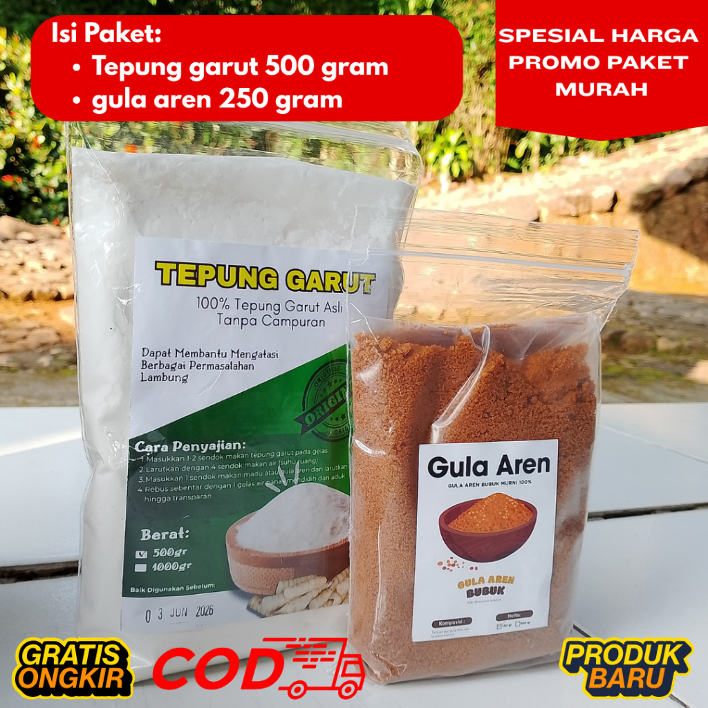 

PAKET PREMIUM - Tepung Garut 500gr/Gula Aren 250gr/Menjaga Kesehatan Lambung/Mengonntrol Gula Darah