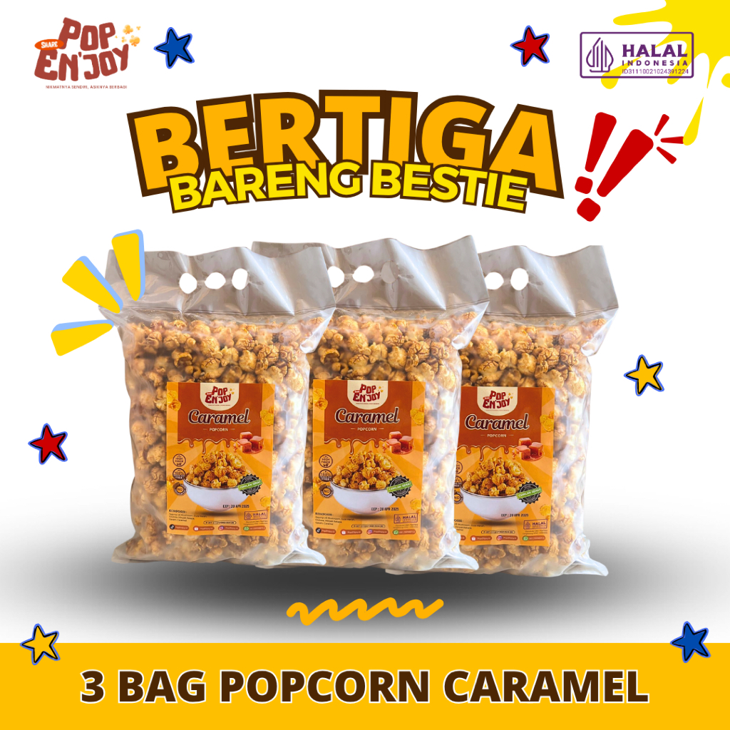 

[BUNDLING 3] CARAMEL POPCORN 1.5 KG - PopENjoy (3x500gr) / Camilan Manis Crispy Popkorn Jagung Sehat Premium