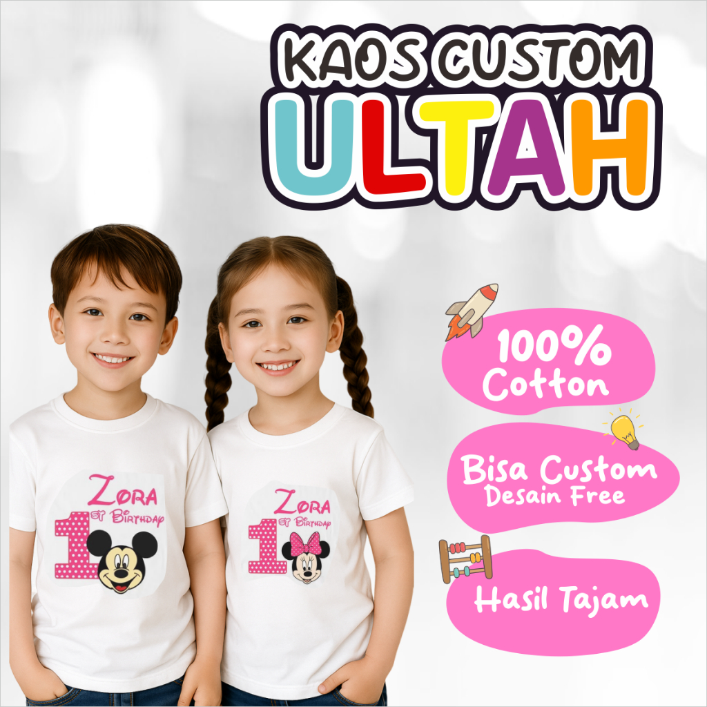 Cetak Print Kaos Anak Ultah Ulang Tahun Birthday Custom Mickey Mouse Cotton Combed 30s