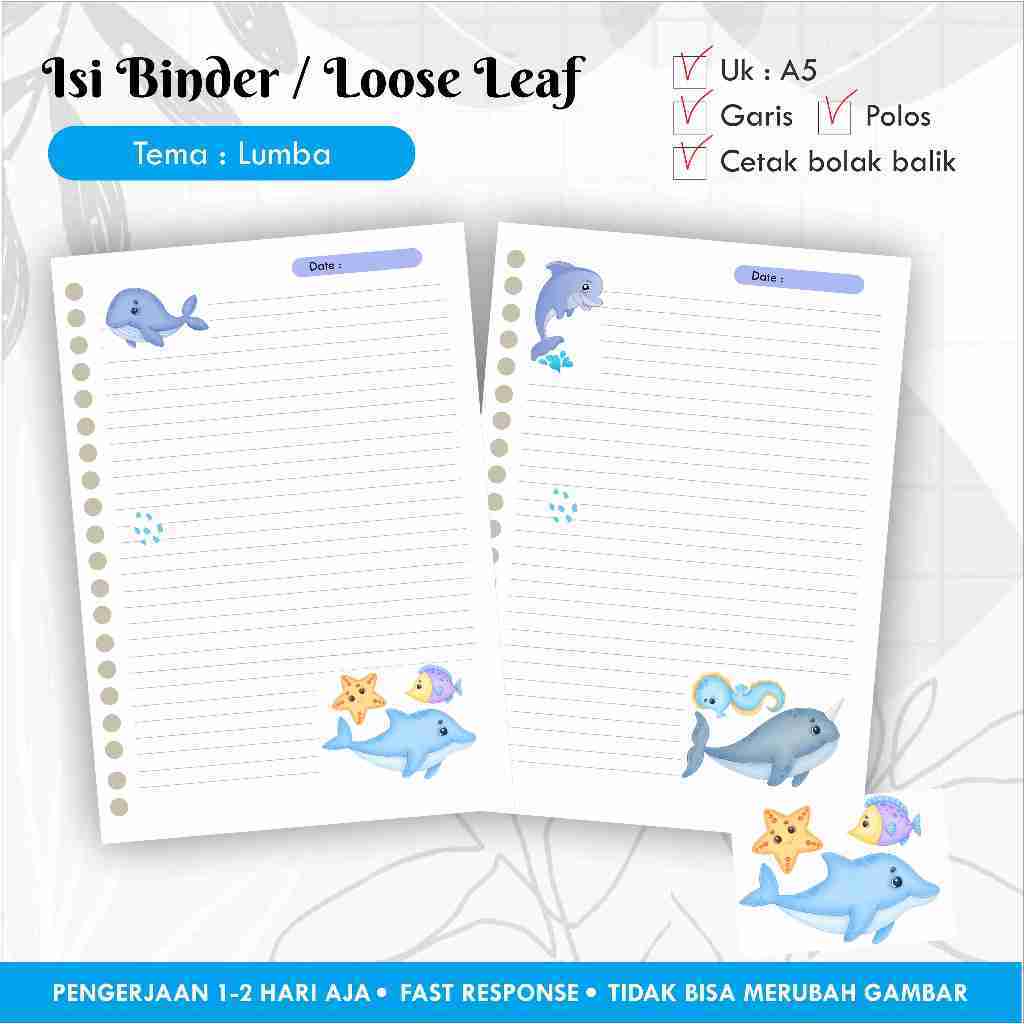 

[10 pcs] Isi Binder / Loose leaf gambar A5 Tema Lumba-Lumba / Refill Map Binder / Garis Polos