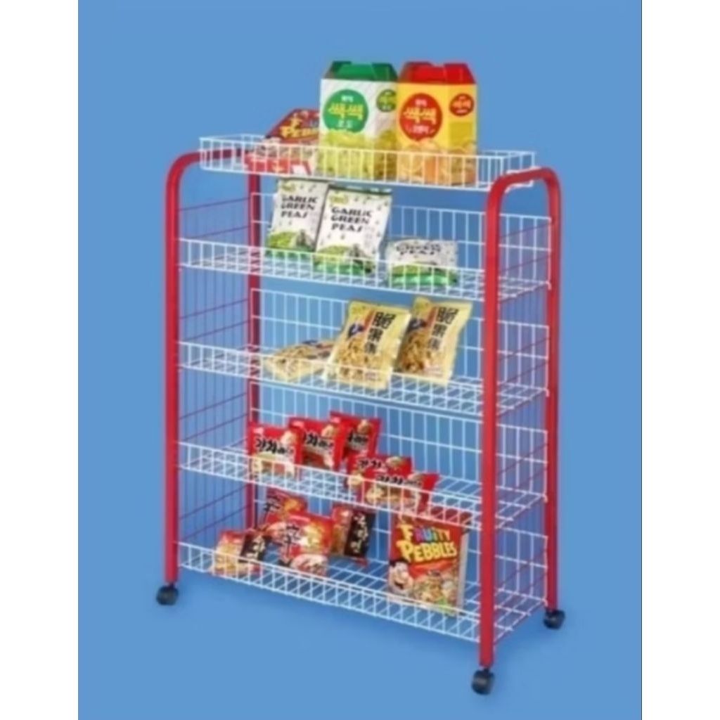 rak ciki warung tingkat 5 pakai roda/rak snack warung besi jumbo tingkat 5