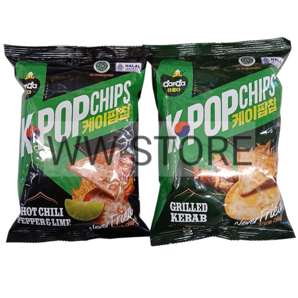 

Cemilan snek makanan ringan keripik kripik beras rasa kebap panggang /cabai pedas & jeruk nipis halal MUI darda K - POP GRILLED KEBAB / HOT CHILLI PEPPER & LIME Never Fried Rice Chips 50g
