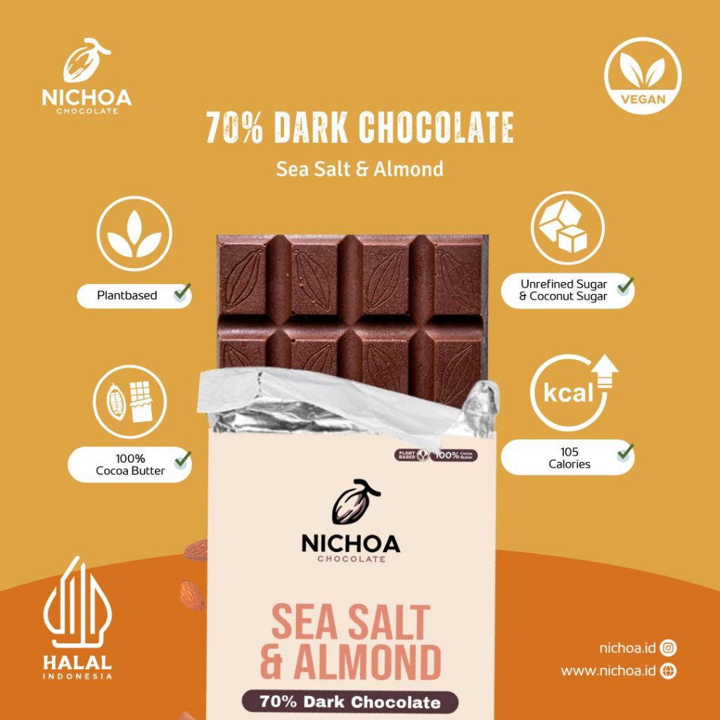 

Diabetic Friendly Chocolate - 70% Dark Chocolate - Sea Salt Almond by Nichoa