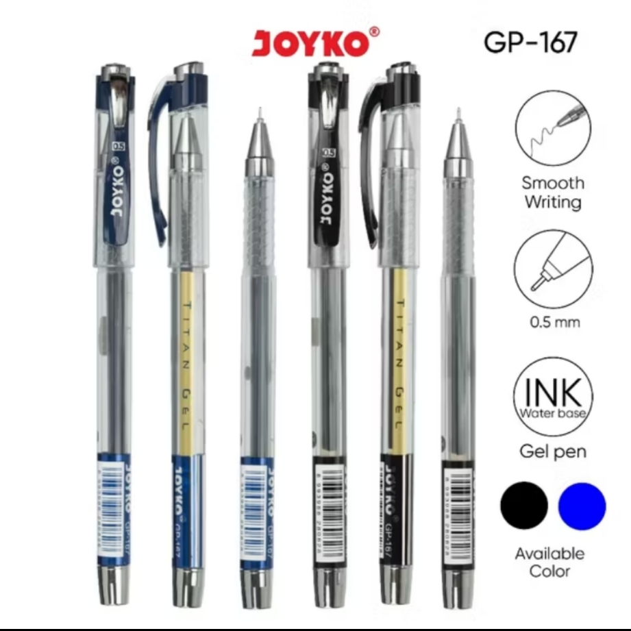 

Joyko Gel Pen 1 Box isi 12 Pcs Pulpen Pena GP-167 Titan Gel 0.5 mm