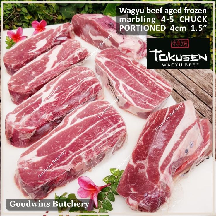 

Wagyu beef Tokusen CHUCK marbling 4-5 aged frozen PORTIONED CUTS Steak & Saikoro rendang diced