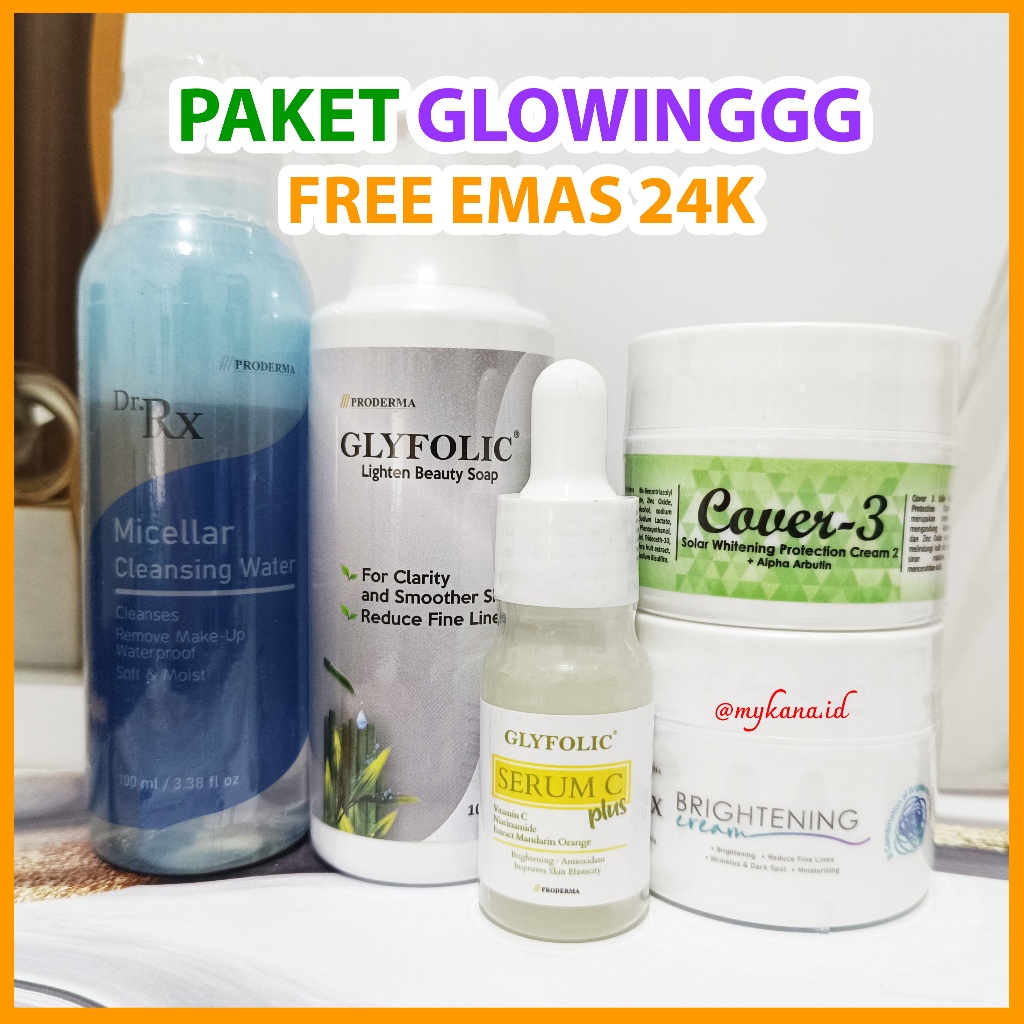 Paket Glowing Ready To Glow isi 5 Items Glyfolic Facial Wash & Serum C Plus + Cover 3 Arbutin + DR R