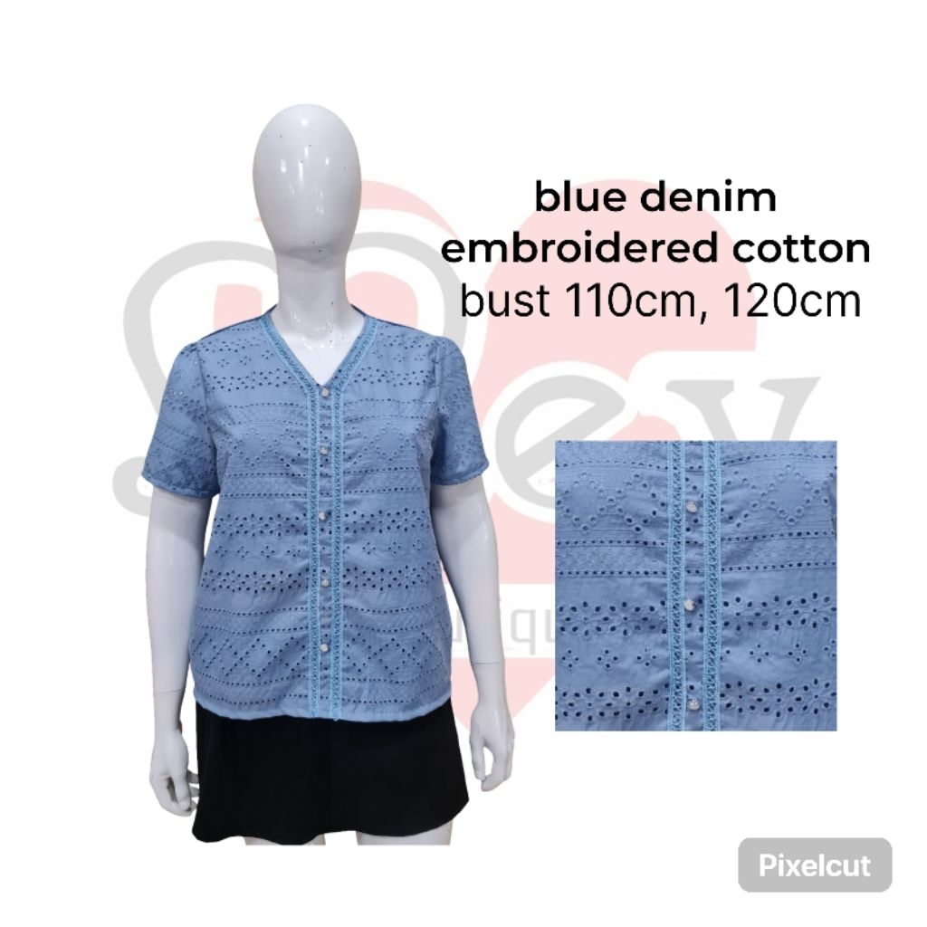 atasan blus katun bordir bigsize jumbo biru denim