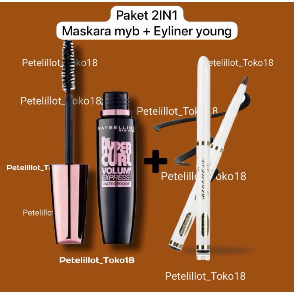 Paket Maskara 2IN1 Maskara Kemasan Hitam Maybelline + Eyeliner hitam