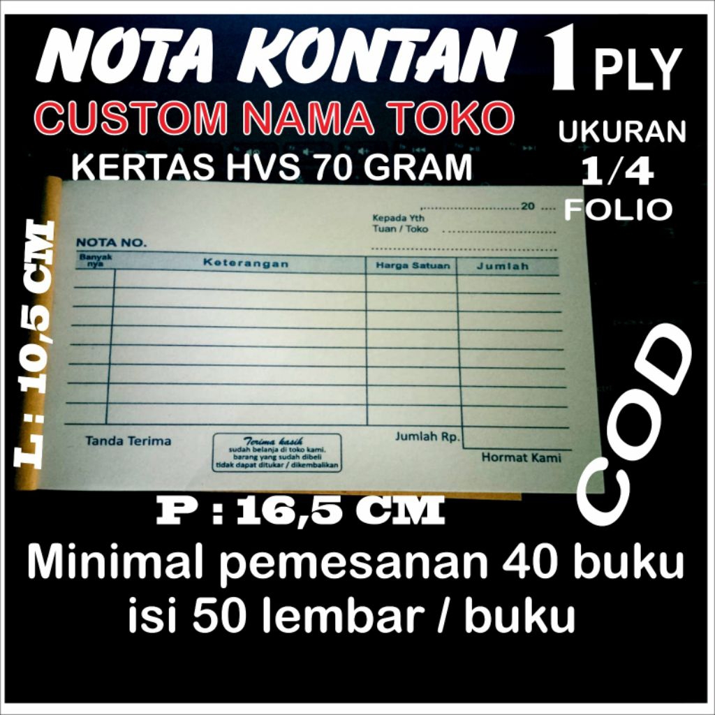 

nota kontan custom nama ukuran 1/4 folio. 10,5x16,5 cm. bervariasi