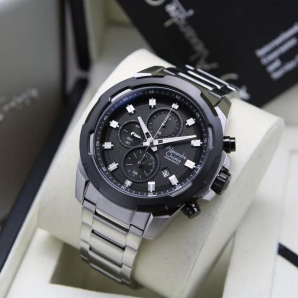 JAM TANGAN PRIA ORIGINAL ALEXANDRE CHRISTIE AC6523MC  SILVER BLACK  STAINLESS STEEL