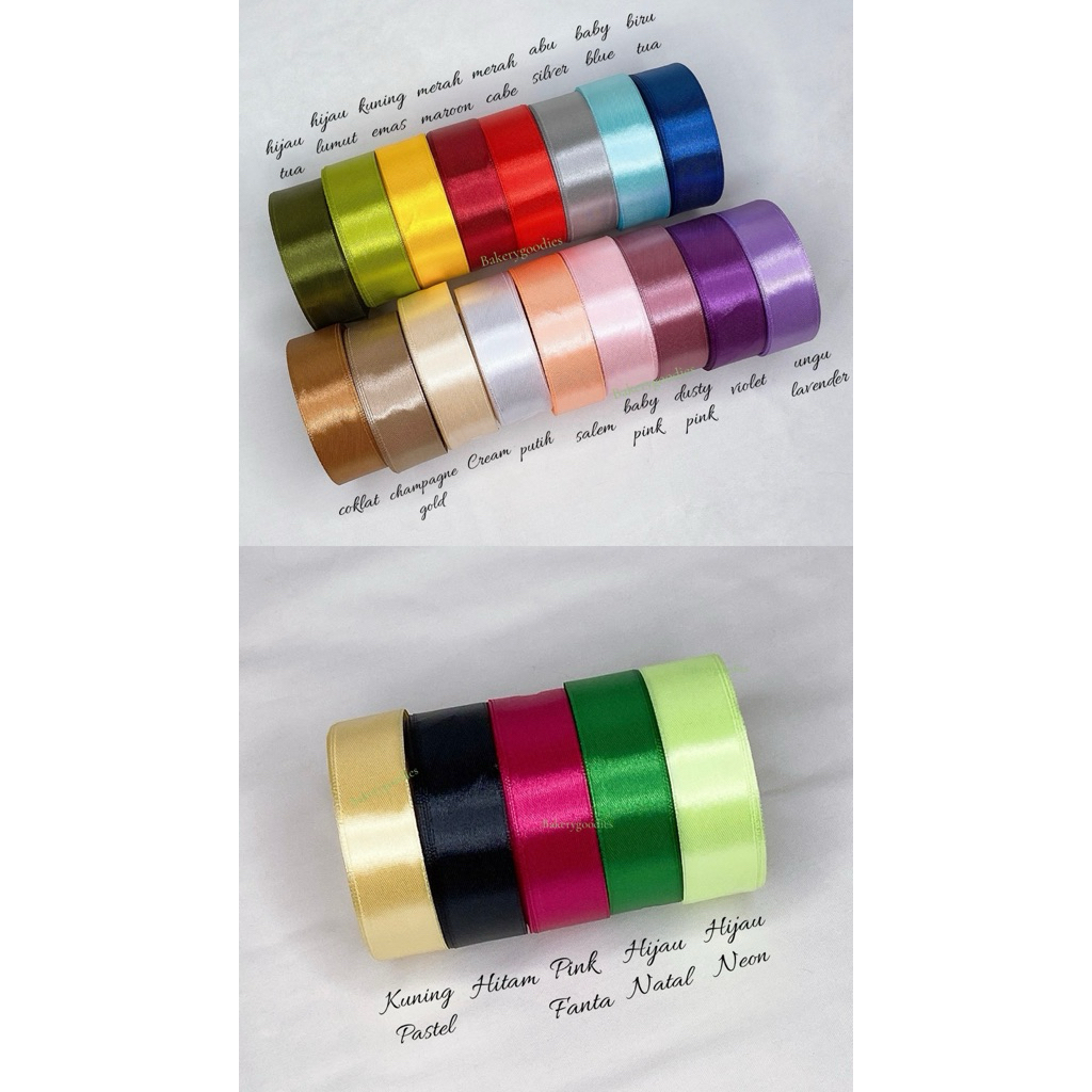 

Pita Satin roll 2,5 cm 1 inch Pita Kado pita buket bunga Hampers lebaran imlek bungasatin hijau kuning emas putih merah ungu pink