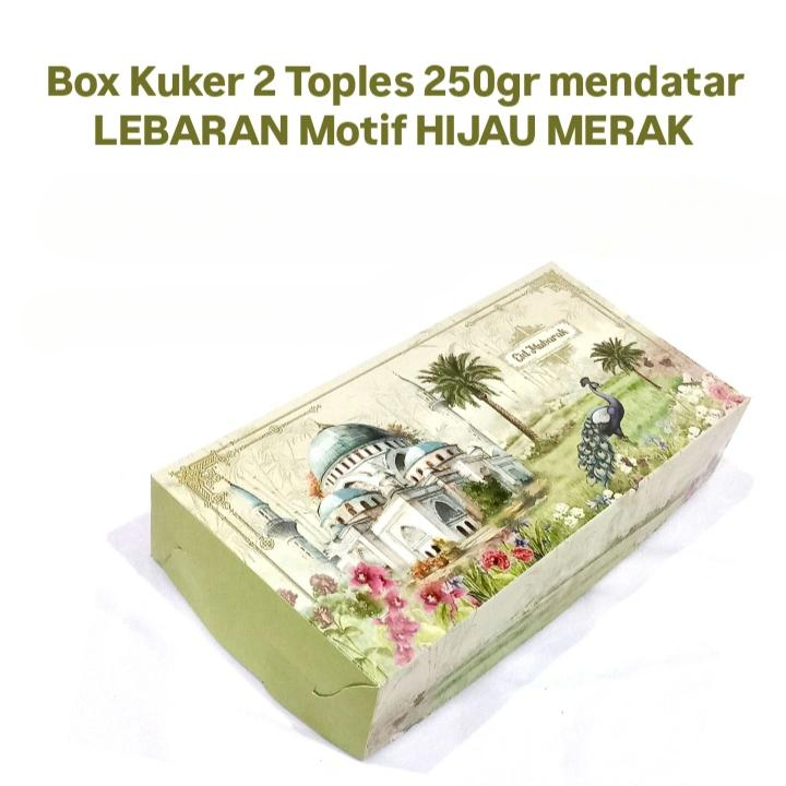 

Dus Box 25x12.5x5cm utk Brownies Muat 2 Toples Kuker 250gr Motif Lebaran -Hijau Merak