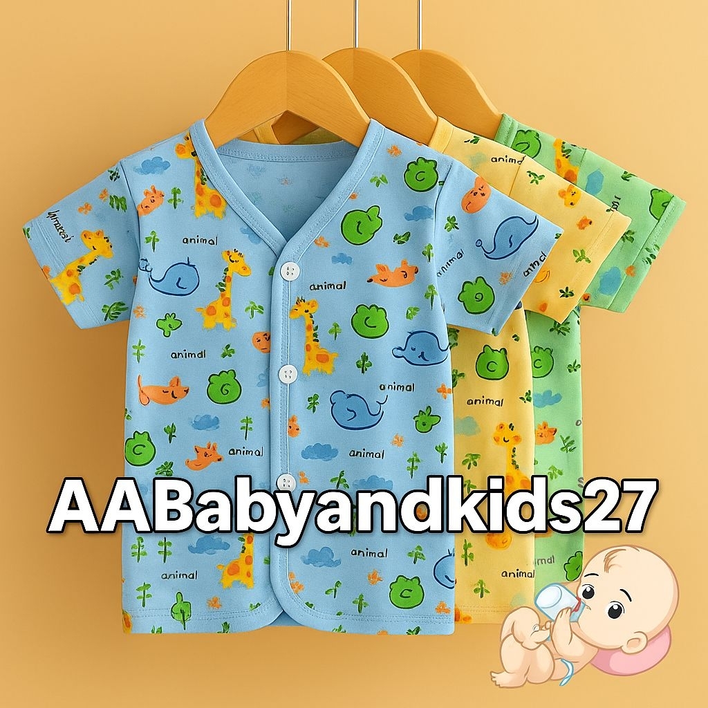 AAbabyandkids27 3PC Baju Bayi Baru Lahir 0 6bulan Lengan Pendek Motif Cerah Kancing Depan/ Baju Bayi