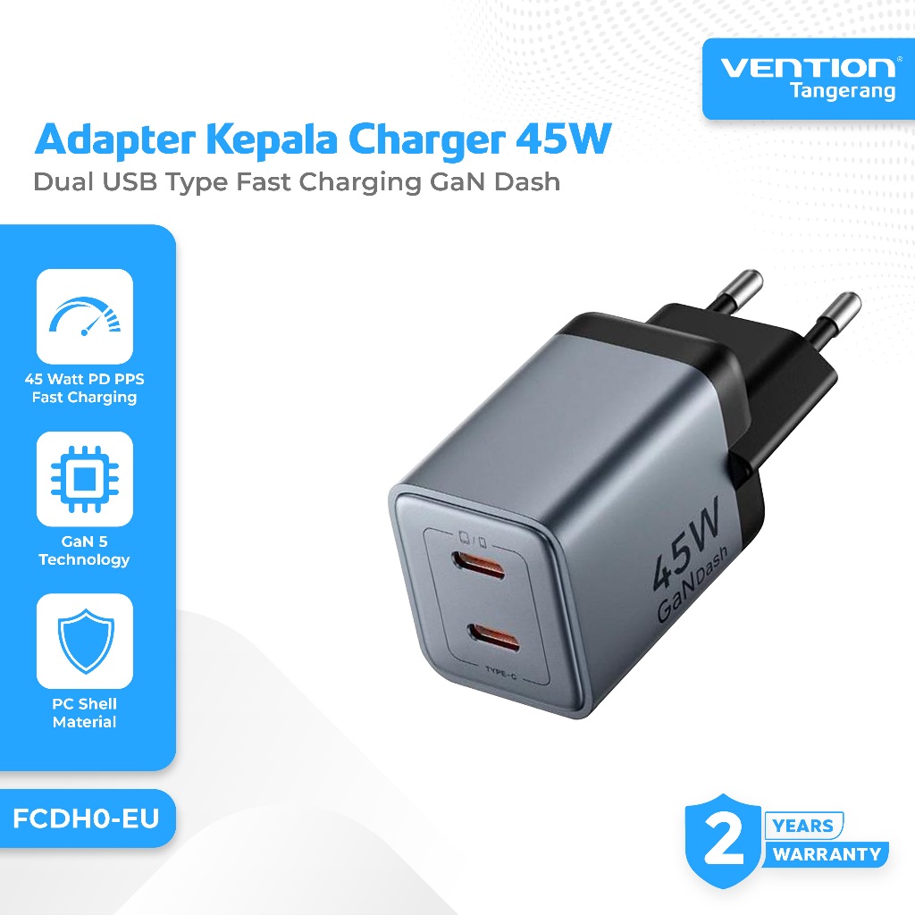 Vention Adapter Kepala Charger Dual USB Type C 45 Watt Fast Charging QC 3.0 - FCDH0-EU