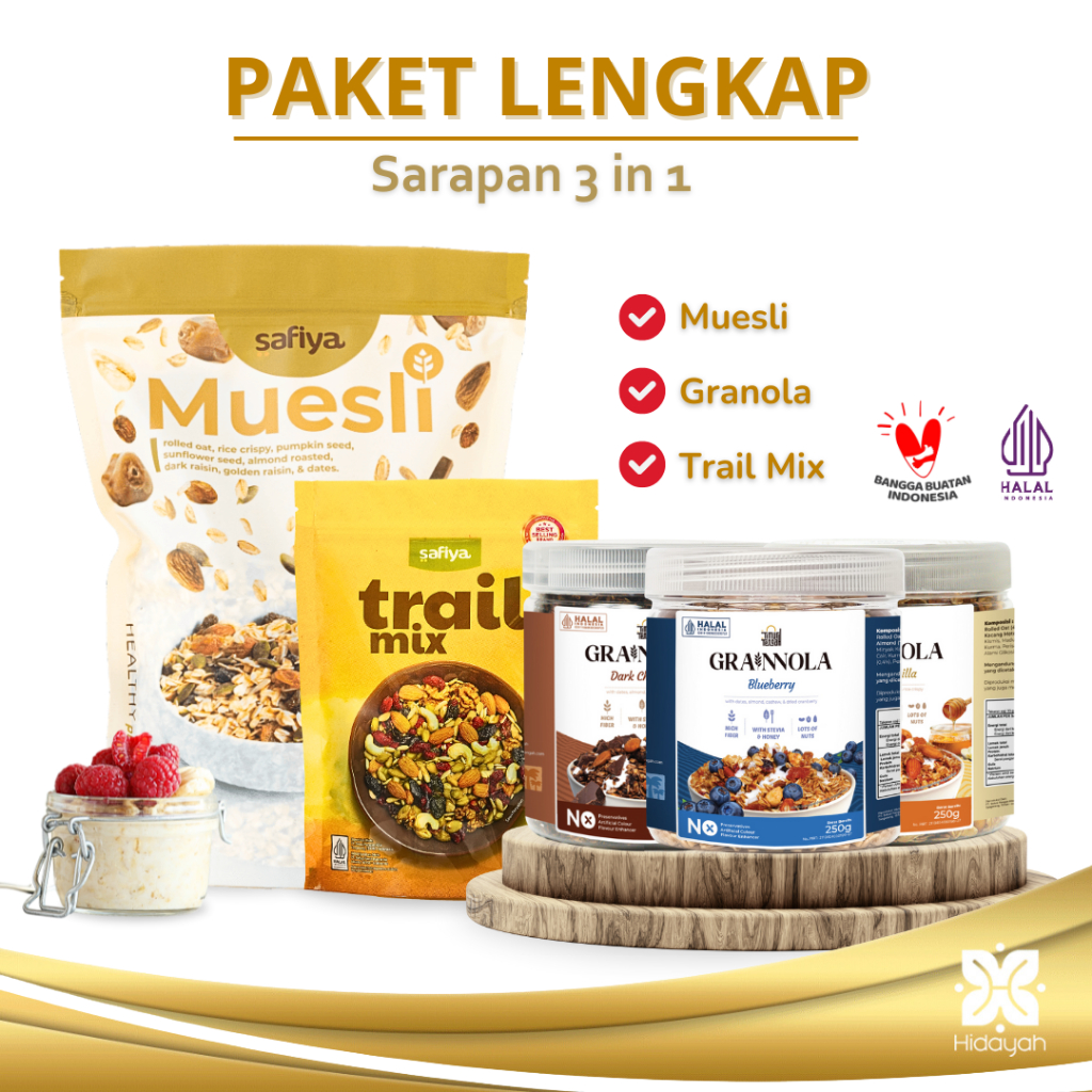 

[Sarapan 3 In 1] Muesli 500gr + Granola 250gr + Trail Mix 250gr | Sereal Diet Tinggi Serat Oat
