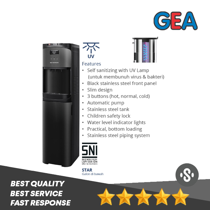 Dispenser GEA STAR Galon Bawah Bottom Loading Self Sanitizing with UV Lamp Hitam