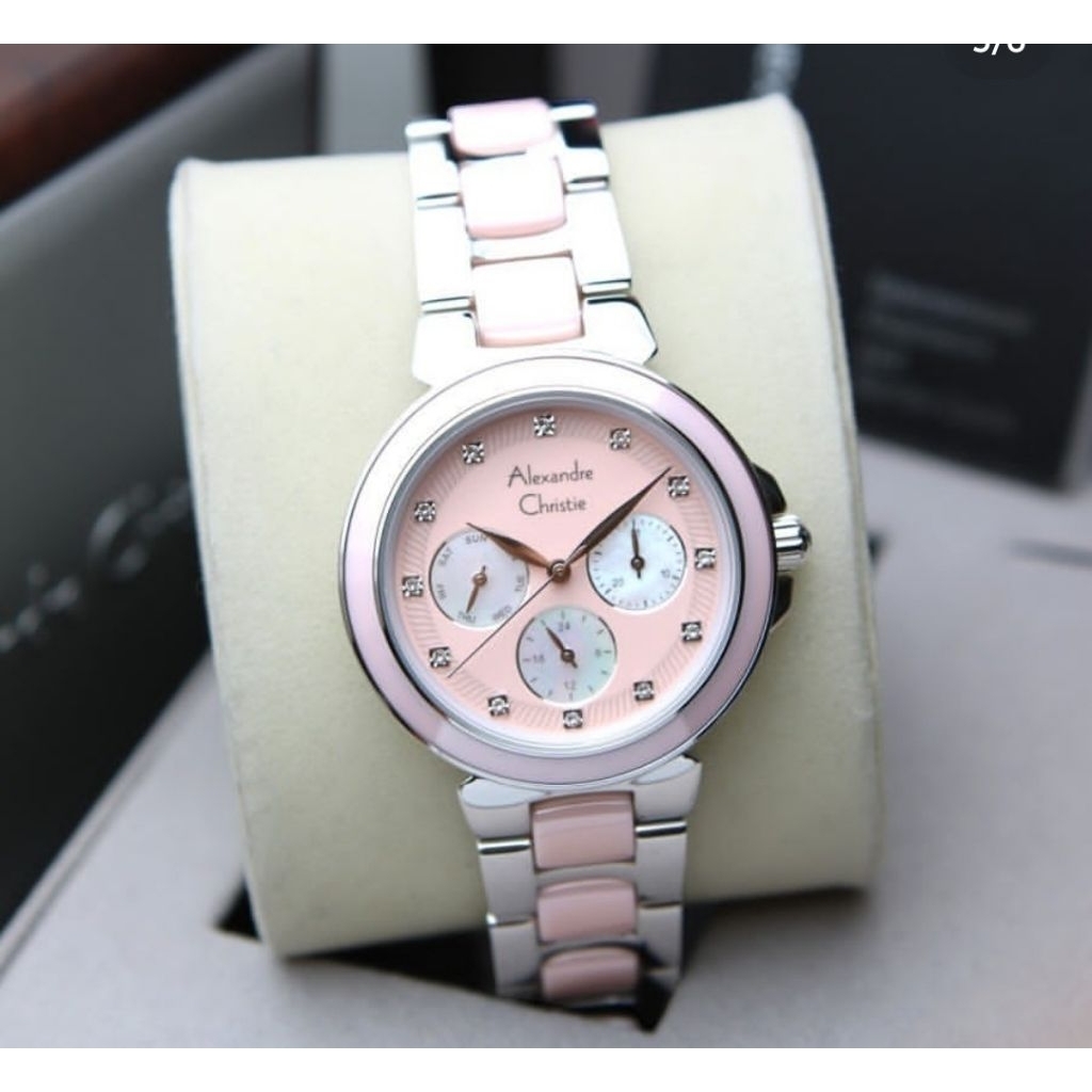 Jam Tangan Alexandre Christie Wanita  Keramik Silver Pink
