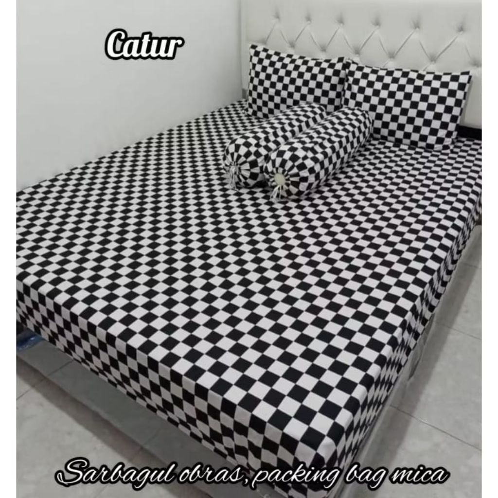 SPREI KARET KATUN PREMIUM 90/100/120/140/160/180/200 Motif Minimalis Hitam putih catur kotak kotak p