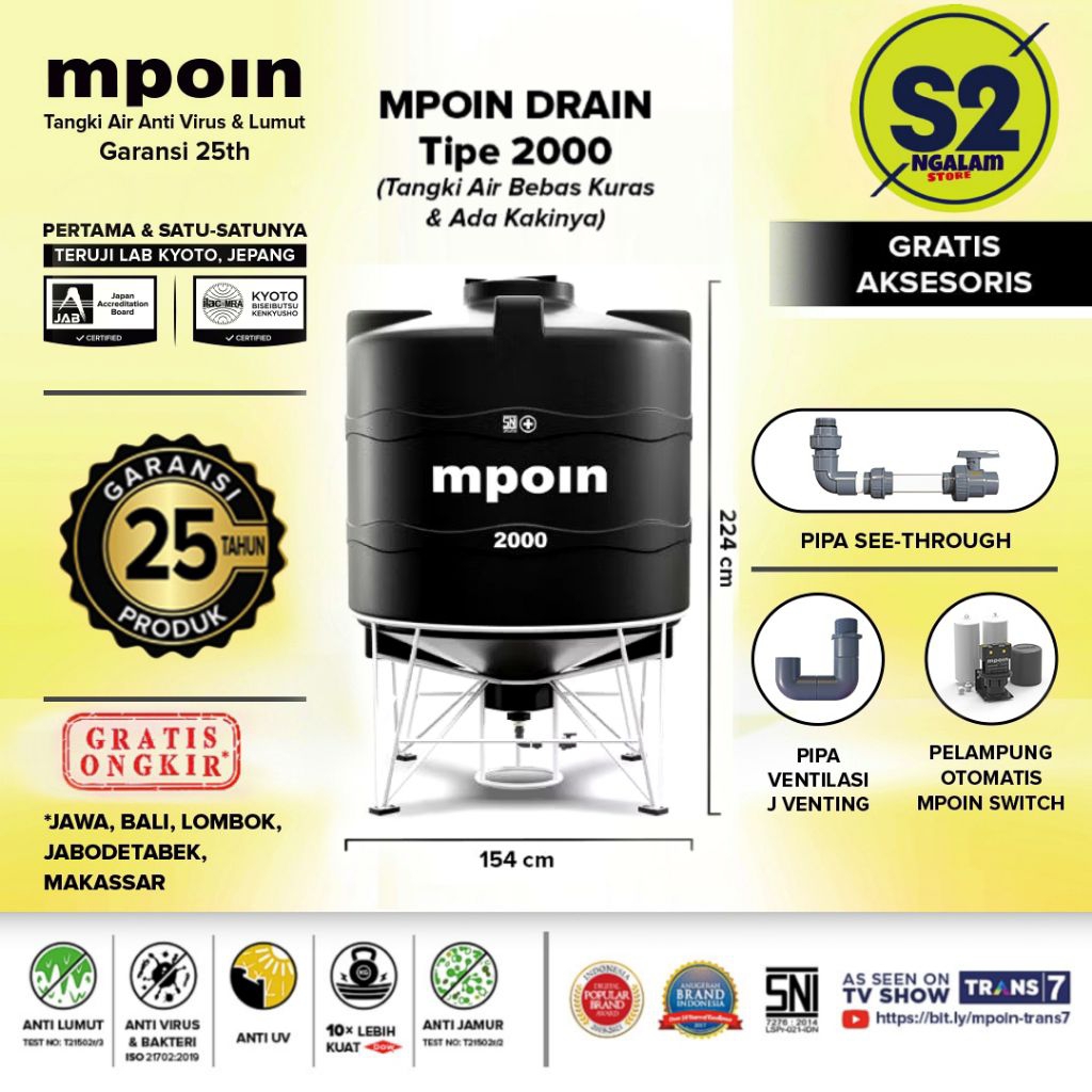 Tandon Toren Tangki Air Mpoin Drain 2000 Liter (Invoice)