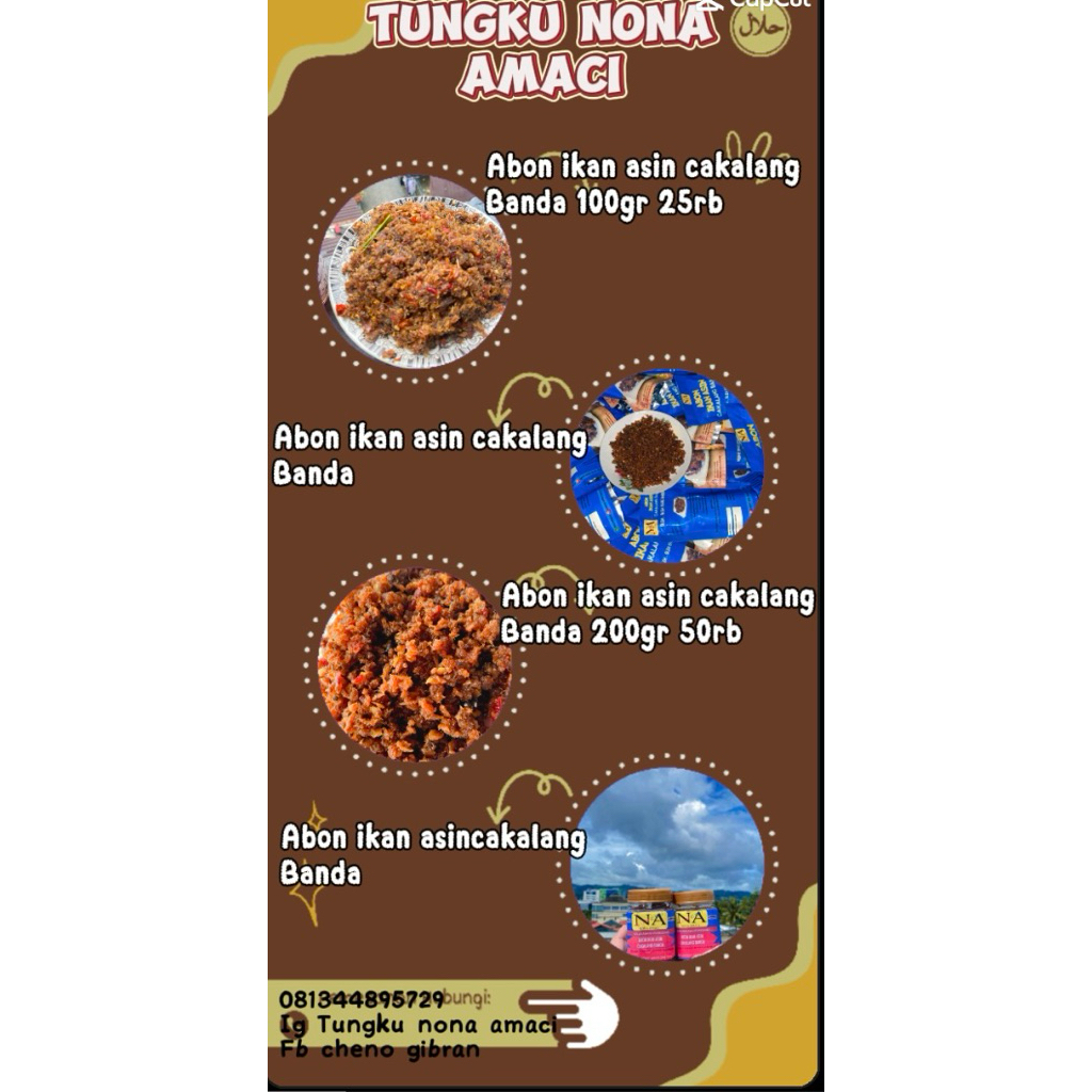 

ABON IKAN ASIN CAKALANG BANDA,NAGET IKAN,BAKSO IKAN,BAGEA IKAN,NASTAR IKAN,SAMBAL ROA,SAMBAL IKAN CAKALANG,SAMBAL UDANG PETAI,ANEKA KUE KERING