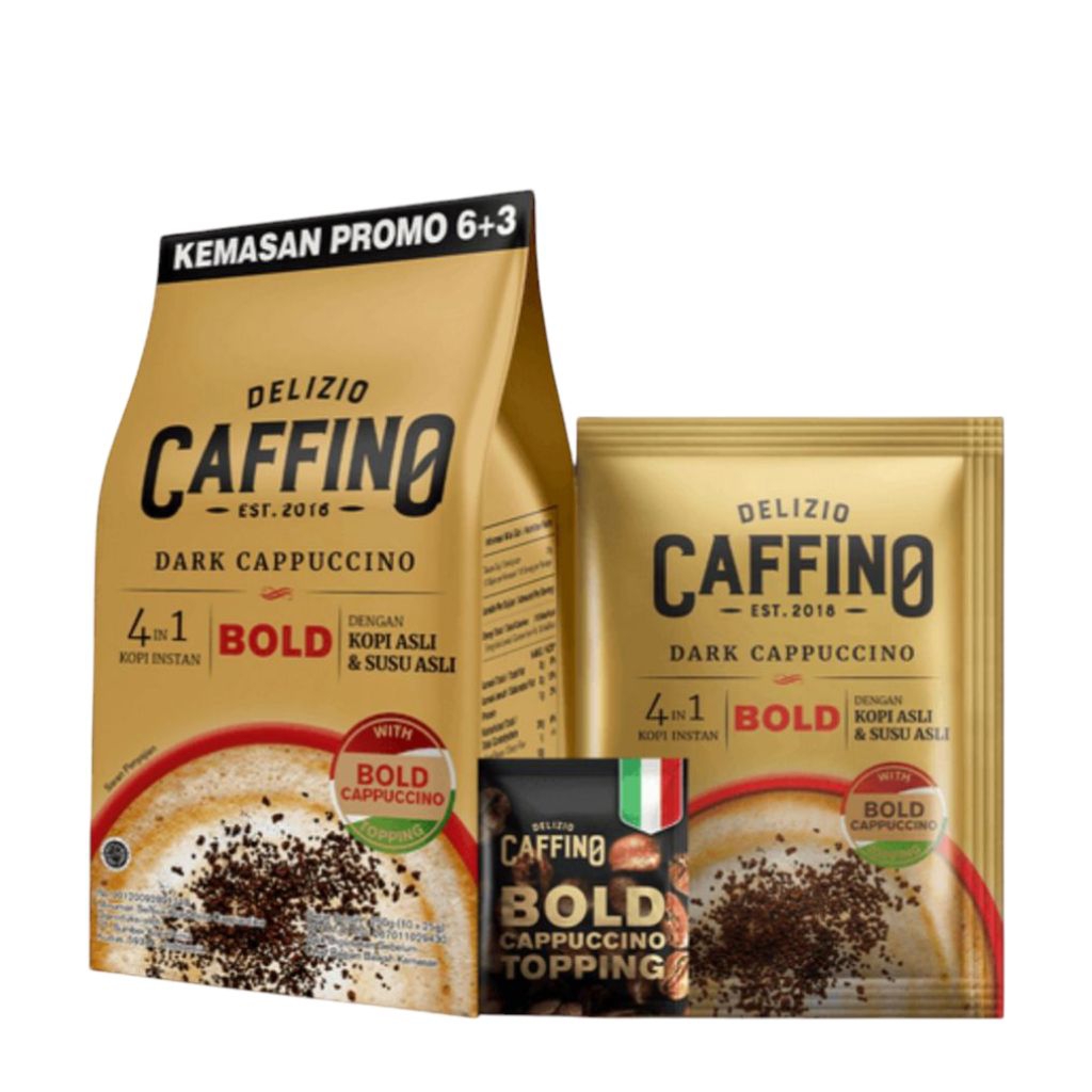 

Kopi Caffino Bold Dark Cappuccino Pouch isi 6 sachet Kopi Delizio Instan 4in1 Bold Dark Cappuccino