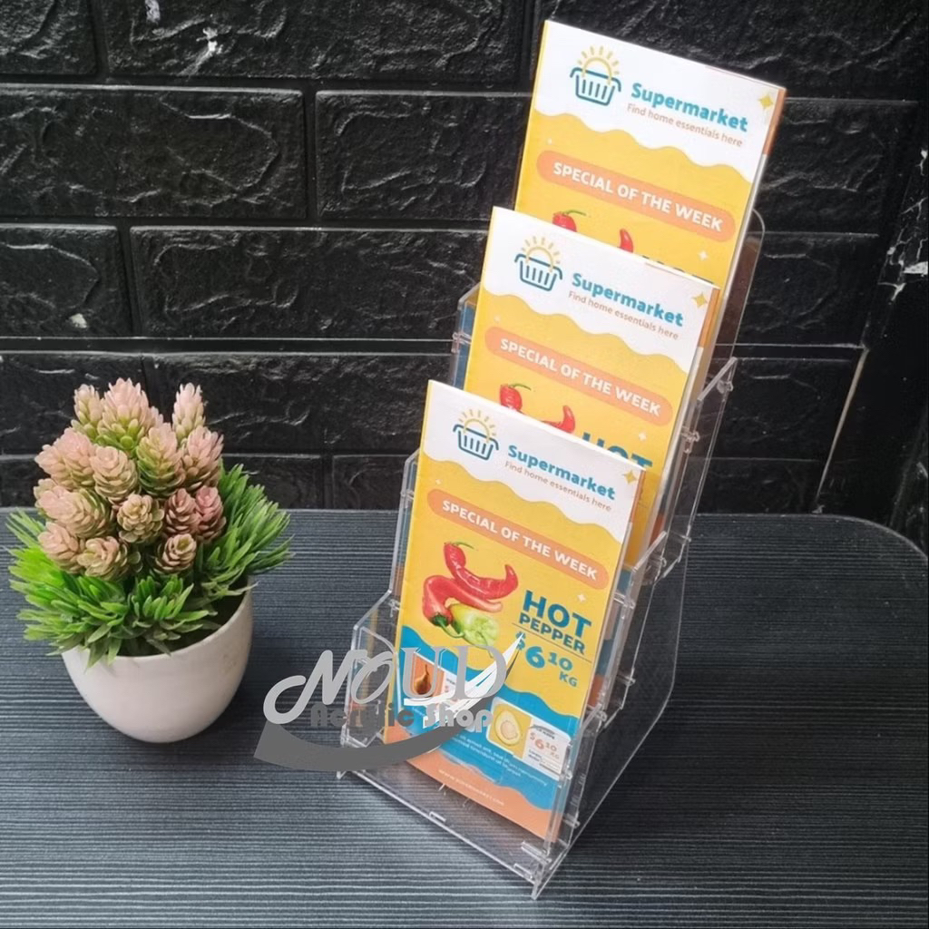 

Tempat Brosur Akrilik Ukuran 1/3 A4 Lipat Tiga / Display Brosur Acrylic / Rak Brosur 2 Susun Knock down