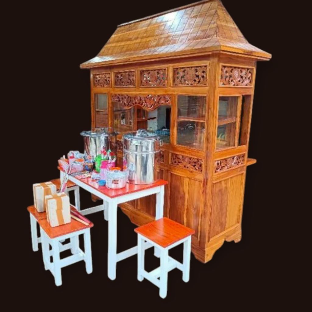 GEROBAK MIE AYAM BAKSO JOGLO UKIR KAYU JATI KOMPLIT DAN SATU SET MEJA